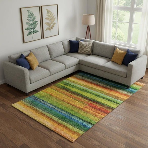 HomeRoots 9' X 12' Green and Teal Striped Area Rug - Washable, UV Protected, Durable for High-Traffic Spaces 717589