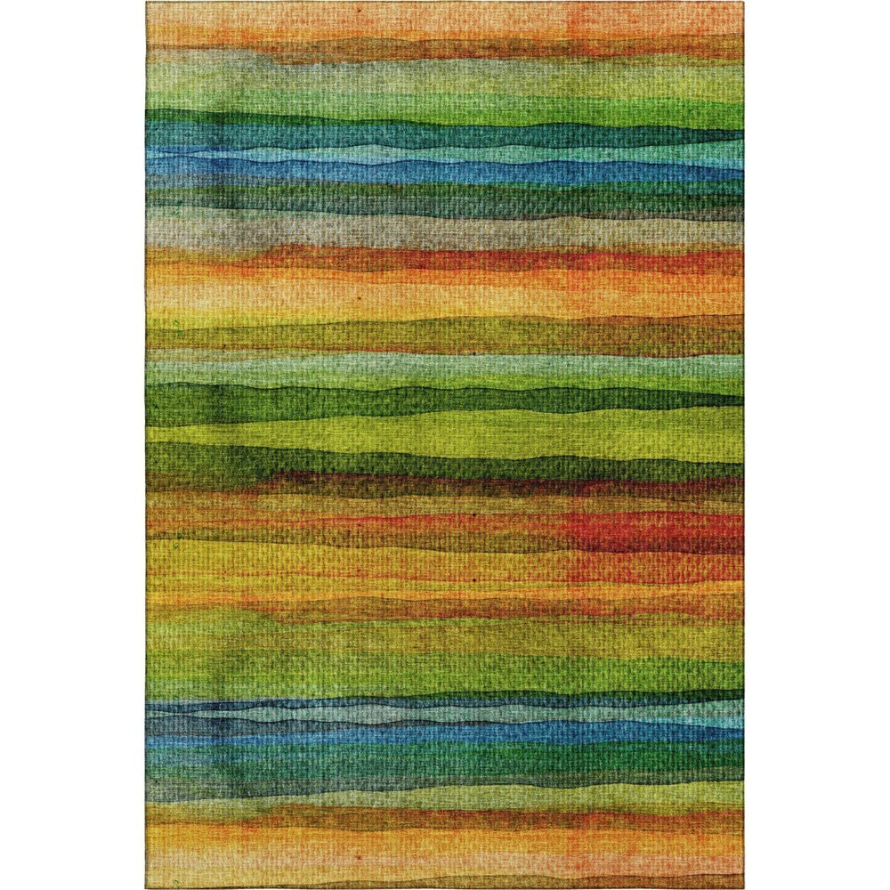 HomeRoots 10' X 14' Green and Teal Striped Area Rug - Washable, UV Protected, Non-Slip, Ideal for Busy Homes! 717590