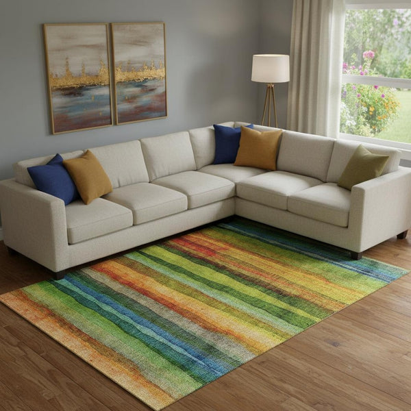 HomeRoots 10' X 14' Green and Teal Striped Area Rug - Washable, UV Protected, Non-Slip, Ideal for Busy Homes! 717590