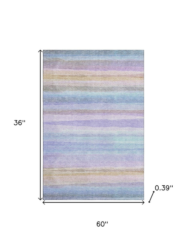 HomeRoots 5' X 8' Striped Area Rug in Lavender & Sky Blue - Washable, UV Protected, Durable & Stain Resistant 717592