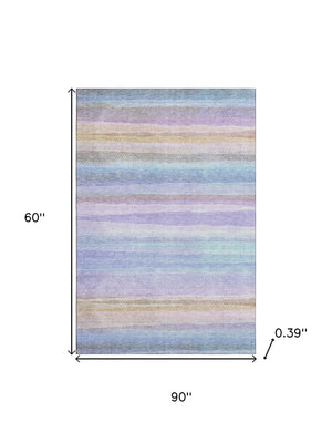 HomeRoots 8' Striped Round Rug in Lavender & Sky Blue - Washable, UV Protected, Non-Slip for Busy Homes! 717593