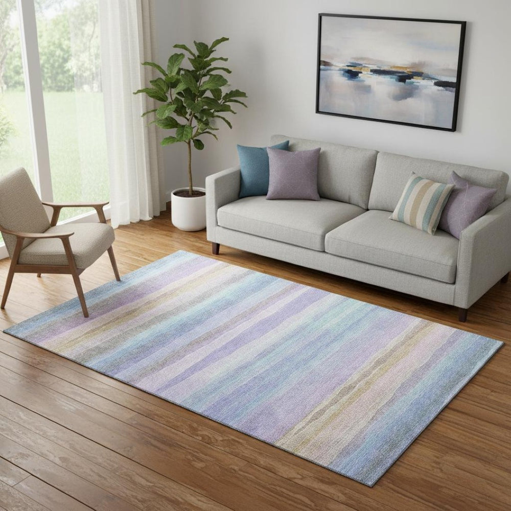 HomeRoots 8' Striped Round Rug in Lavender & Sky Blue - Washable, UV Protected, Non-Slip for Busy Homes! 717593