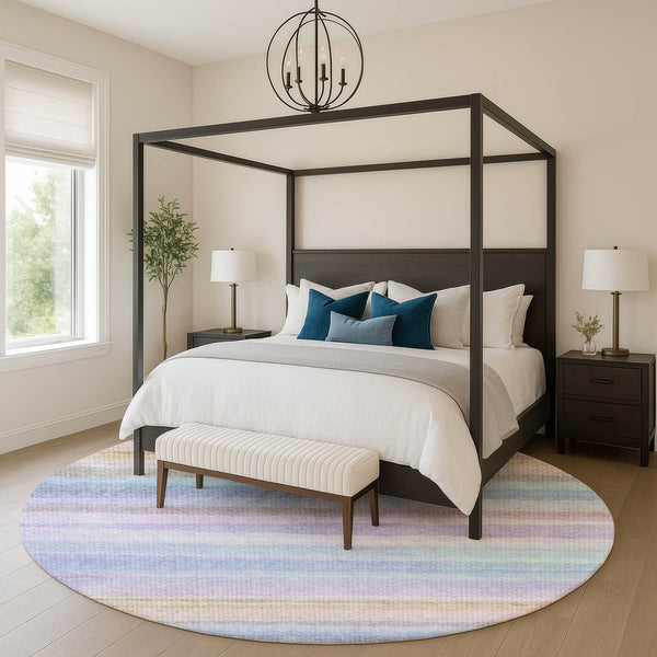 HomeRoots 8' X 10' Striped Lavender and Sky Blue Washable Area Rug with UV Protection for Family Spaces 717594