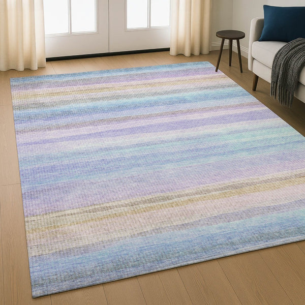 HomeRoots 9' X 12' Striped Lavender & Sky Blue Area Rug - Washable, Kid & Pet Friendly with UV Protection! 717595