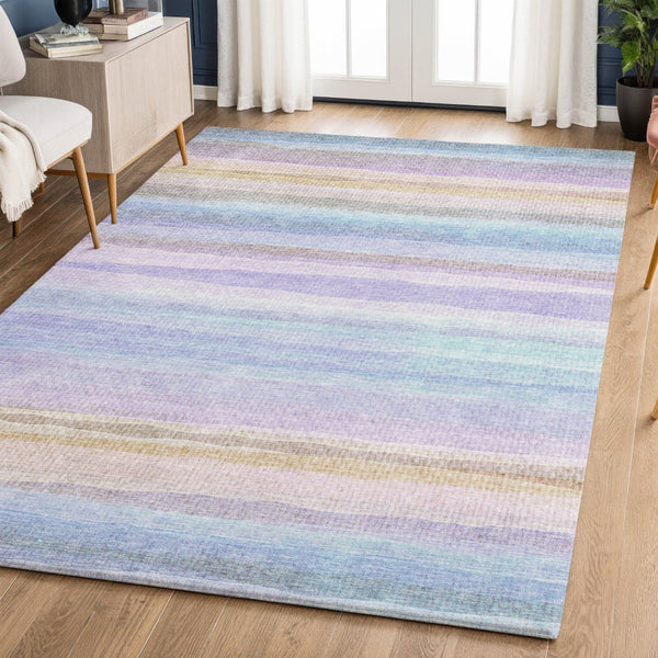 HomeRoots 9' X 12' Striped Lavender & Sky Blue Area Rug - Washable, Kid & Pet Friendly with UV Protection! 717595