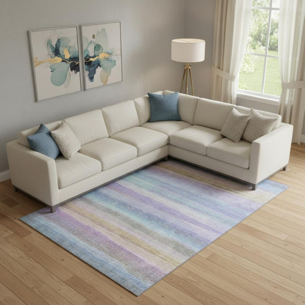 HomeRoots 10' X 14' Striped Area Rug in Lavender & Sky Blue - Washable, UV-Protected, Durable & Stylish! 717596