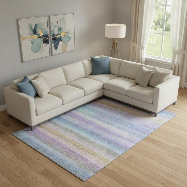 HomeRoots 10' X 14' Striped Area Rug in Lavender & Sky Blue - Washable, UV-Protected, Durable & Stylish! 717596