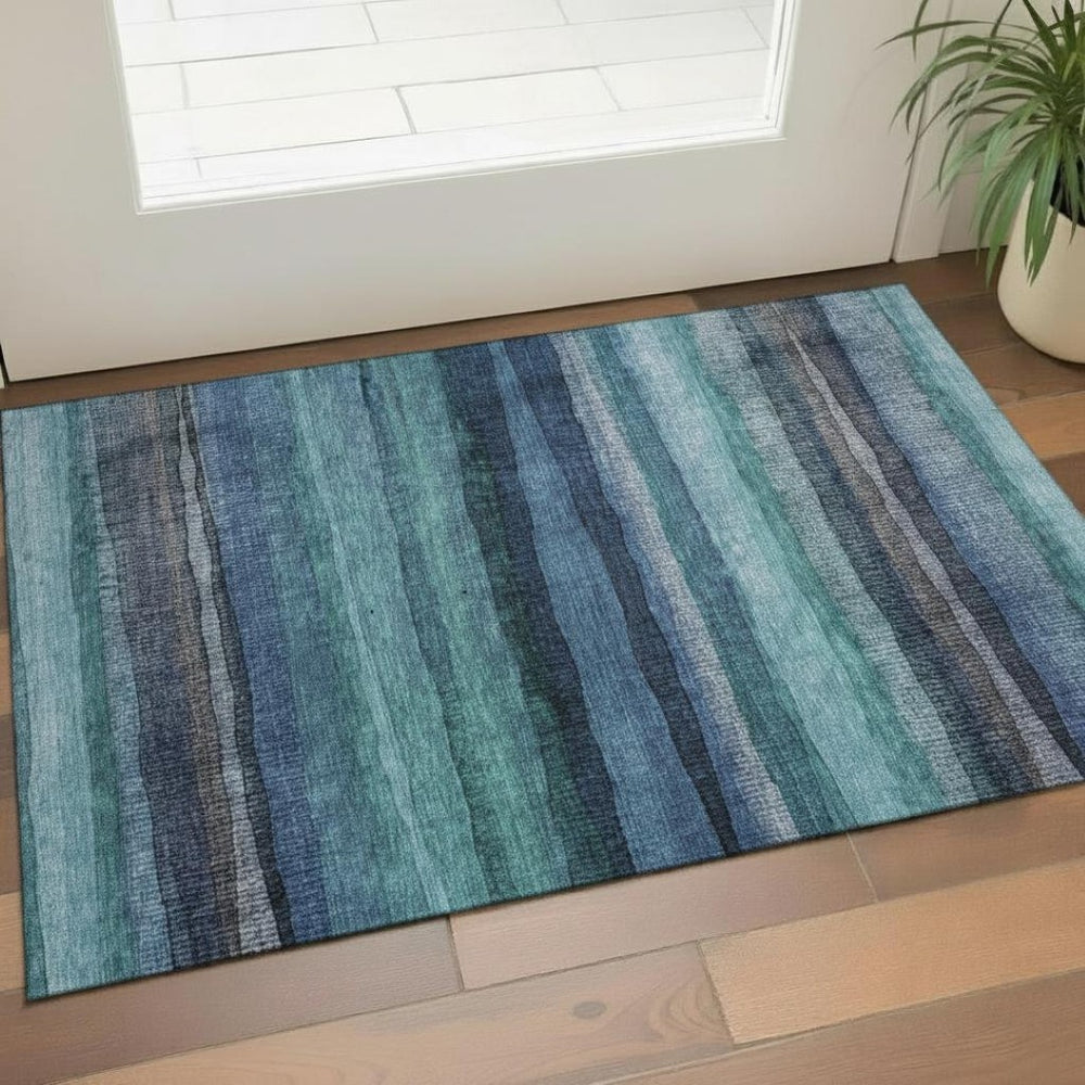 HomeRoots 5' X 8' Striped Teal & Navy Area Rug - Washable, UV Protected, Stylish & Durable for Active Homes 717598