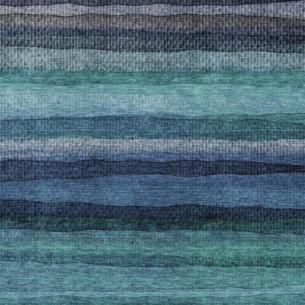 HomeRoots 8' Teal and Navy Blue Striped Round Rug – Washable, UV Protected, Durable for Busy Homes & Pets 717599