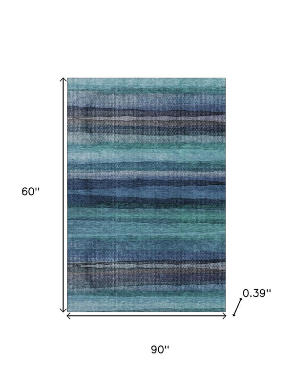 HomeRoots 8' Teal and Navy Blue Striped Round Rug – Washable, UV Protected, Durable for Busy Homes & Pets 717599