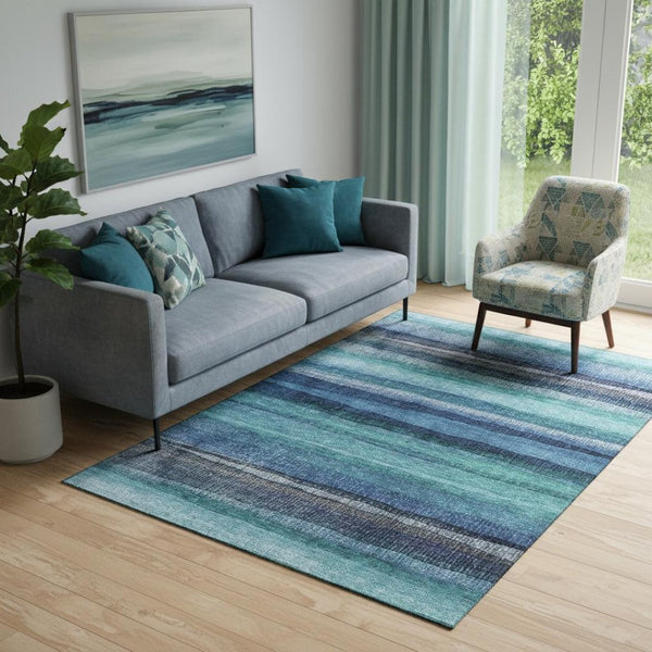 HomeRoots 8' Teal and Navy Blue Striped Round Rug – Washable, UV Protected, Durable for Busy Homes & Pets 717599