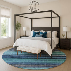 HomeRoots 8' X 10' Washable Teal & Navy Striped Area Rug with UV Protection – Durable, Stylish, Easy Care! 717600