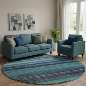 HomeRoots 8' X 10' Washable Teal & Navy Striped Area Rug with UV Protection – Durable, Stylish, Easy Care! 717600