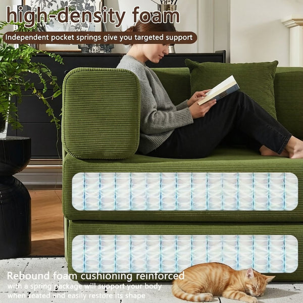 English Elm Convertible Corduroy Floor Sofa with Folding Sleeper and Bolster Pillow for Apartments Green W5638P460475