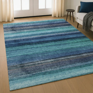 HomeRoots 9' X 12' Teal & Navy Blue Striped Area Rug - Machine Washable, UV Protected, Kid & Pet Friendly! 717601
