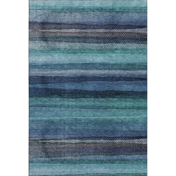 HomeRoots 9' X 12' Teal & Navy Blue Striped Area Rug - Machine Washable, UV Protected, Kid & Pet Friendly! 717601