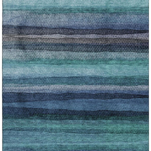 HomeRoots 9' X 12' Teal & Navy Blue Striped Area Rug - Machine Washable, UV Protected, Kid & Pet Friendly! 717601