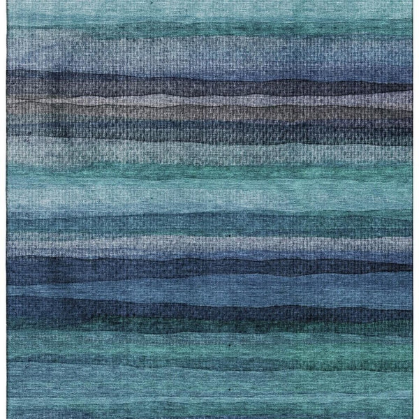 HomeRoots 9' X 12' Teal & Navy Blue Striped Area Rug - Machine Washable, UV Protected, Kid & Pet Friendly! 717601
