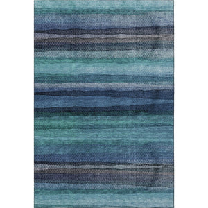 HomeRoots 9' X 12' Teal & Navy Blue Striped Area Rug - Machine Washable, UV Protected, Kid & Pet Friendly! 717601