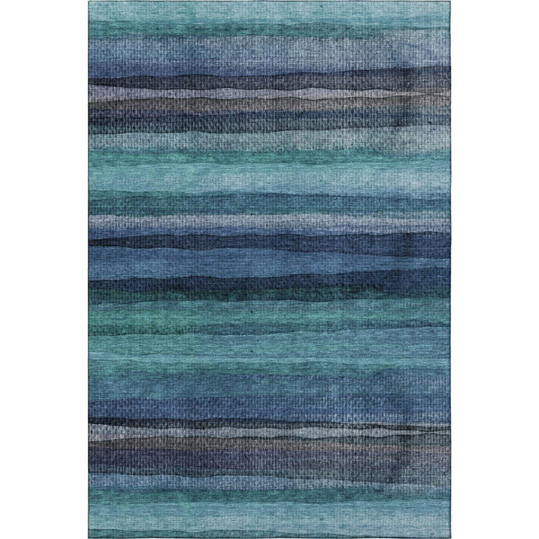 HomeRoots 9' X 12' Teal & Navy Blue Striped Area Rug - Machine Washable, UV Protected, Kid & Pet Friendly! 717601