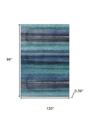 HomeRoots 9' X 12' Teal & Navy Blue Striped Area Rug - Machine Washable, UV Protected, Kid & Pet Friendly! 717601