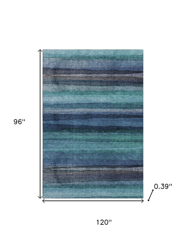 HomeRoots 9' X 12' Teal & Navy Blue Striped Area Rug - Machine Washable, UV Protected, Kid & Pet Friendly! 717601