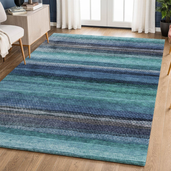 HomeRoots 9' X 12' Teal & Navy Blue Striped Area Rug - Machine Washable, UV Protected, Kid & Pet Friendly! 717601