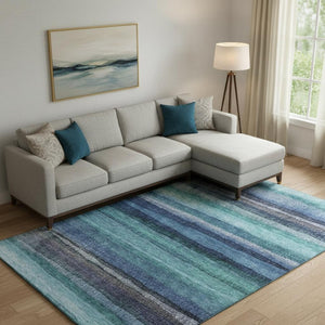 HomeRoots 9' X 12' Teal & Navy Blue Striped Area Rug - Machine Washable, UV Protected, Kid & Pet Friendly! 717601
