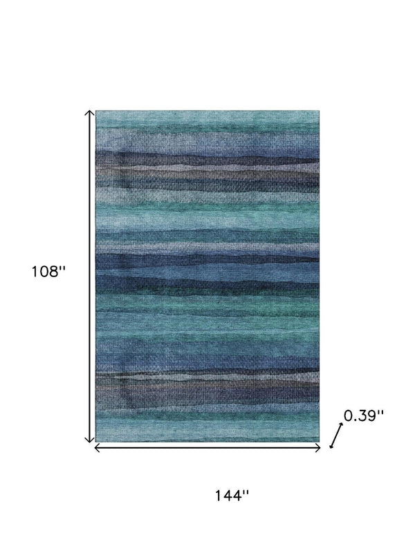 HomeRoots 10' X 14' Teal & Navy Striped Area Rug - Durable, Washable, UV-Protected for Vibrant Living Spaces 717602