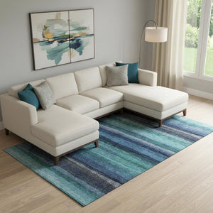HomeRoots 10' X 14' Teal & Navy Striped Area Rug - Durable, Washable, UV-Protected for Vibrant Living Spaces 717602
