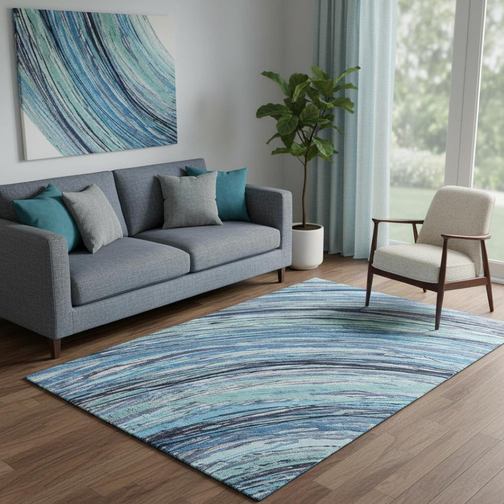 HomeRoots 8' Blue And Ivory Abstract Washable Round Rug - Durable, UV-Protected, Perfect for High-Traffic Areas 717611