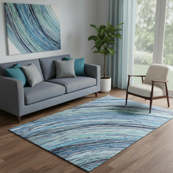 HomeRoots 8' Blue And Ivory Abstract Washable Round Rug - Durable, UV-Protected, Perfect for High-Traffic Areas 717611