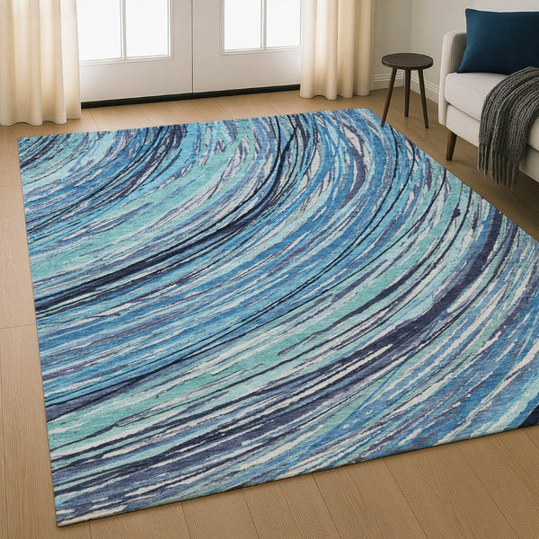 HomeRoots 9' X 12' Blue and Ivory Abstract Area Rug - Machine Washable, Stain Resistant, UV Protection for Homes 717613