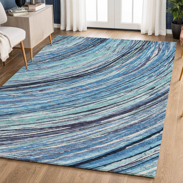 HomeRoots 9' X 12' Blue and Ivory Abstract Area Rug - Machine Washable, Stain Resistant, UV Protection for Homes 717613