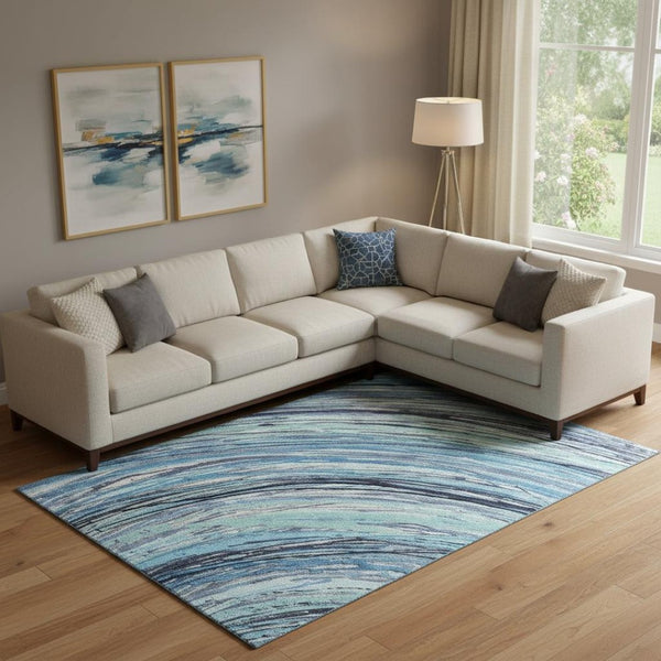 HomeRoots 9' X 12' Blue and Ivory Abstract Area Rug - Machine Washable, Stain Resistant, UV Protection for Homes 717613