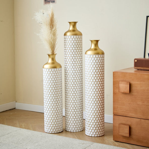 English Elm Floor Elegant 3-Piece Metal Vase Set - Modern Droplet Style In White And Gold For Stunning Decor W2796P290480