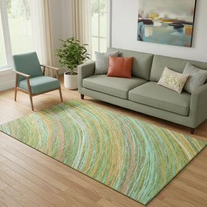 HomeRoots 8' Green and Peach Abstract Washable Round Rug - UV Protected, Durable, Stylish for High-Traffic Spaces 717617