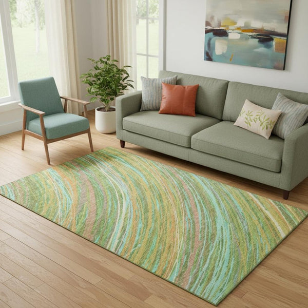 HomeRoots 8' Green and Peach Abstract Washable Round Rug - UV Protected, Durable, Stylish for High-Traffic Spaces 717617