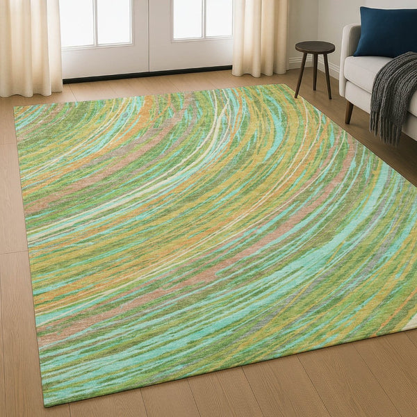 HomeRoots 9' X 12' Green and Peach Abstract Area Rug - Durable, Washable, UV-Protected for Modern Spaces 717619