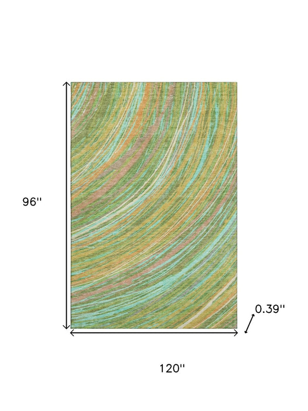 HomeRoots 9' X 12' Green and Peach Abstract Area Rug - Durable, Washable, UV-Protected for Modern Spaces 717619