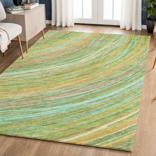 HomeRoots 9' X 12' Green and Peach Abstract Area Rug - Durable, Washable, UV-Protected for Modern Spaces 717619