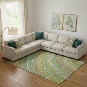 HomeRoots 9' X 12' Green and Peach Abstract Area Rug - Durable, Washable, UV-Protected for Modern Spaces 717619