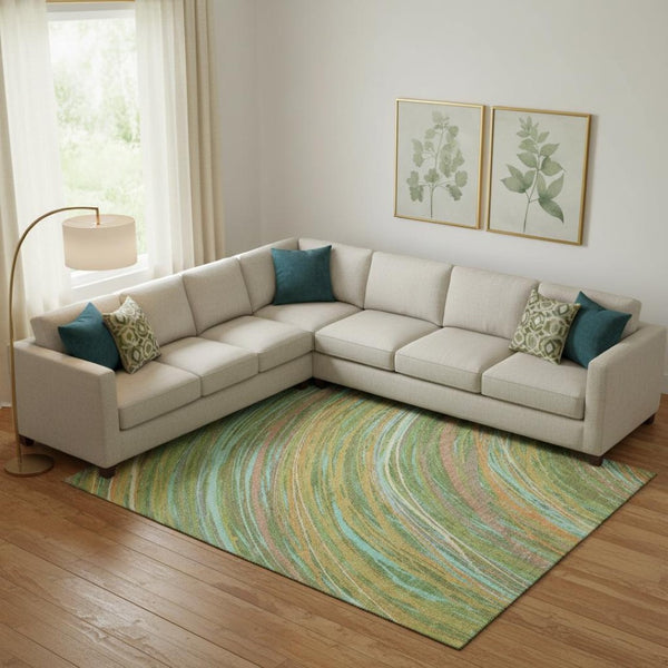 HomeRoots 9' X 12' Green and Peach Abstract Area Rug - Durable, Washable, UV-Protected for Modern Spaces 717619