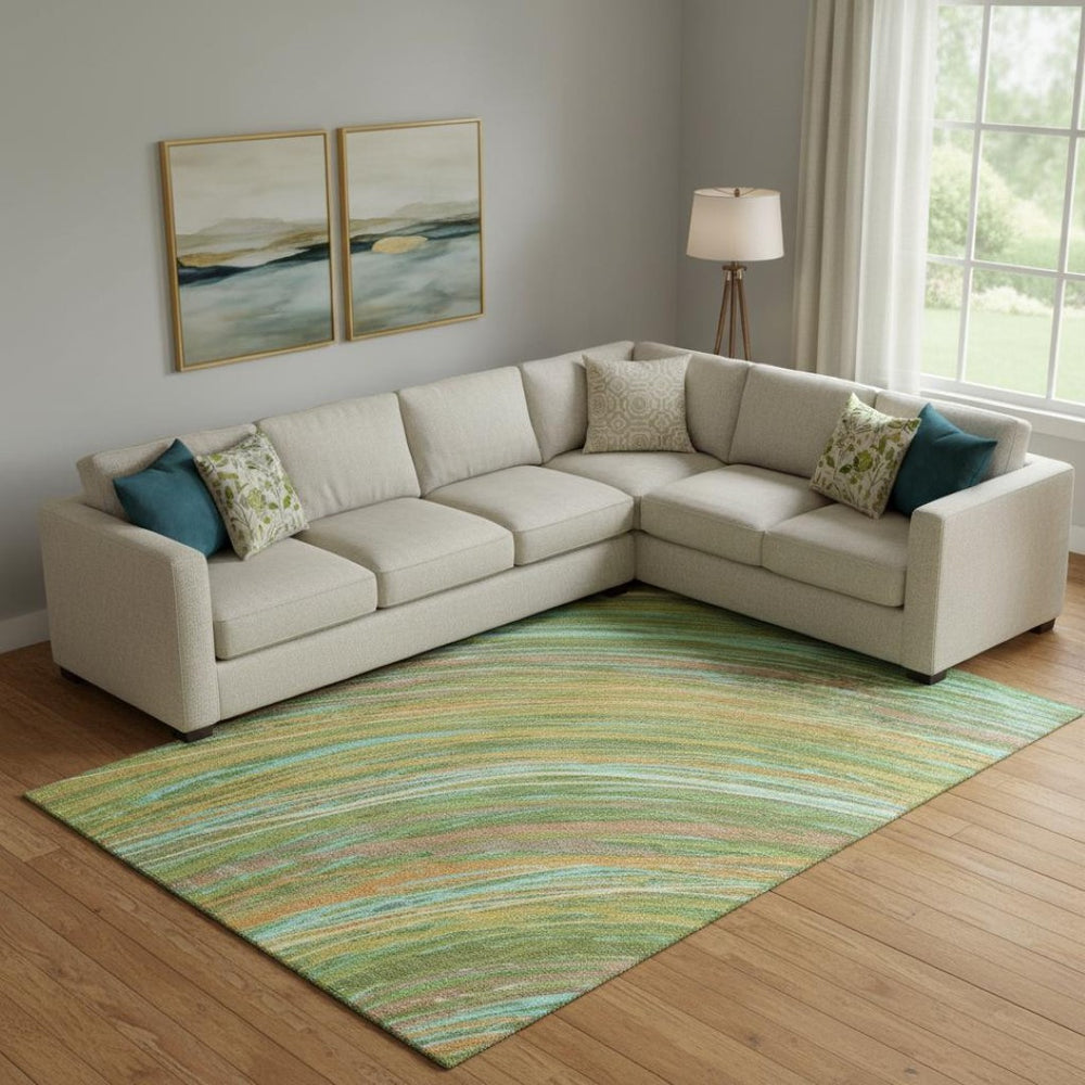 HomeRoots 10' X 14' Green and Peach Abstract Area Rug - Washable, UV-Protected, Soft & Durable for High Traffic Spaces 717620