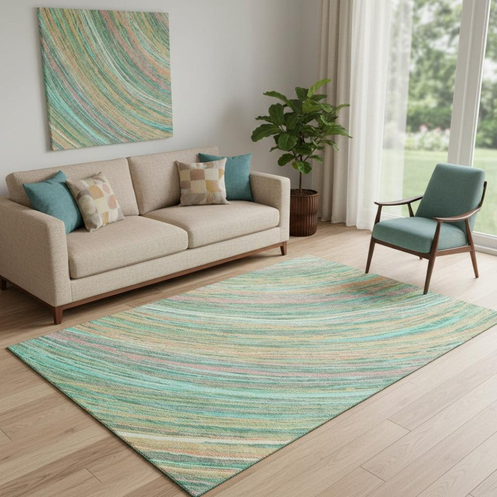 HomeRoots 8' Vibrant Teal and Pink Abstract Round Rug – Washable, UV Protected, Ideal for High-Traffic Areas 717629