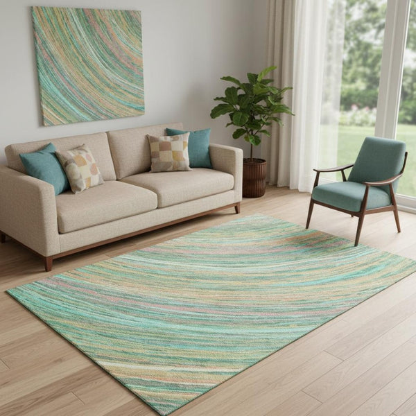 HomeRoots 8' Vibrant Teal and Pink Abstract Round Rug – Washable, UV Protected, Ideal for High-Traffic Areas 717629