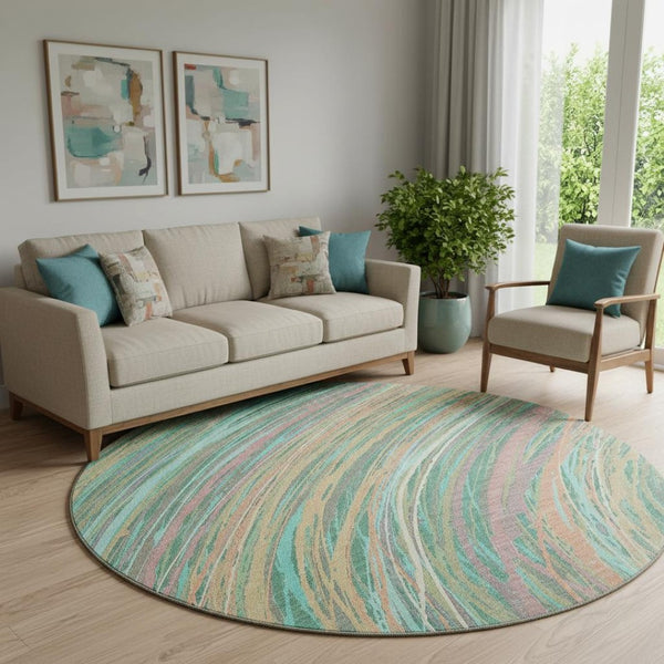 HomeRoots 8' X 10' Teal and Pink Abstract Area Rug - Washable, UV-Protected, Durable for Modern Homes 717630
