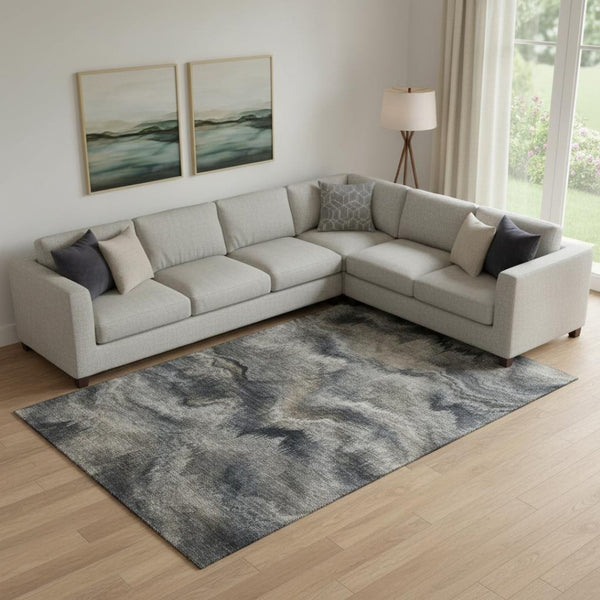 HomeRoots 9' X 12' Gray & Silver Abstract Washable Area Rug - UV Protected, Soft, Durable & Stain Resistant 717643