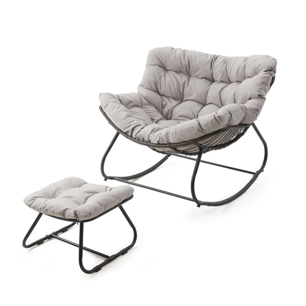 English Elm Dark Wicker Egg Rocking Chair with Ottoman Outdoor Pe Woven Patio Lounge Set Light Gray B082P455171