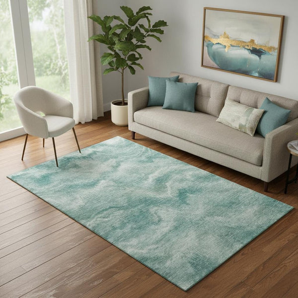 HomeRoots 8' Teal And Ivory Abstract Round Rug – Washable, UV-Protected, Stylish & Durable for Modern Spaces 717653